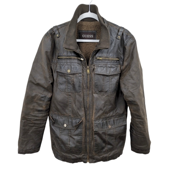 Guess Faux Leather Men's Medium Bomber Jacket Sherpa Lined Field Cargo Military - Picture 1 of 14